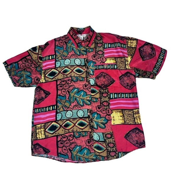 VTG STUNT COLLECTIONS Abstract Pattern Short Sleeve 100% Silk Shirt Women's L - Picture 1 of 16